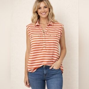 New York & Company Orange Coral White Striped Short Cap Sleeve V Neck Blouse